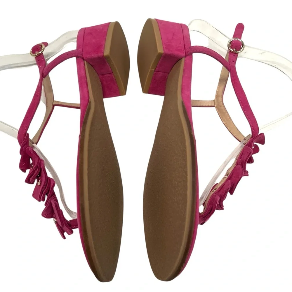 Jack Rogers Fuchsia Pink Suede Block Heel Floral T Strap Sandals Women’s 7.5 - Picture 11 of 14
